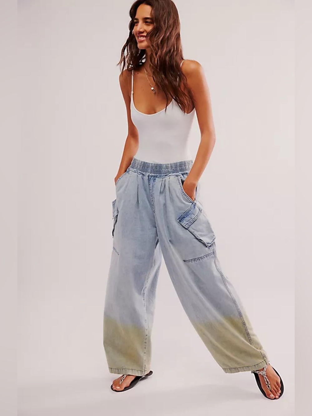 One Teaspoon Light Blue Relaxed Wide-Leg Cargo Jeans